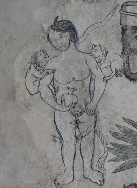 Lower scene detail: Eve - San Juan Bautista, convento second story, friar's cell mural: Miracle of the Rosary mural