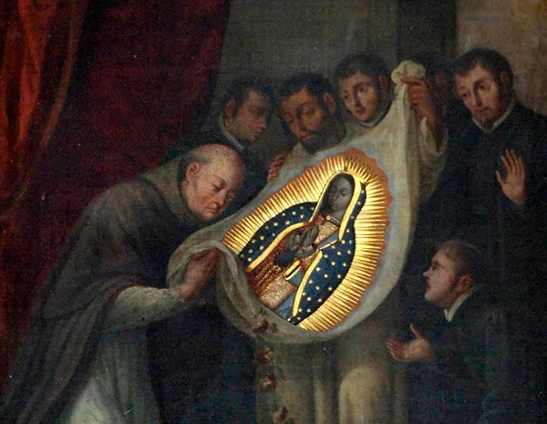 San Antonio, refectory altar painting, Guadalupe before Zumárraga - Singuilucan, Hidalgo