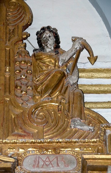 Santa Bárbara, San Juan Nepomuceno altar, top right relief, Charity - Santa Bárbara Tlacatecpan, México