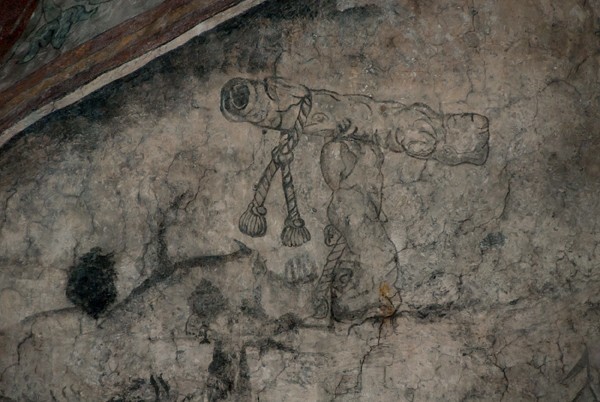 Santa María, choir loft, grisaille Golgotha mural, detail, empty cross - Santa María, presbytery & choir loft murals