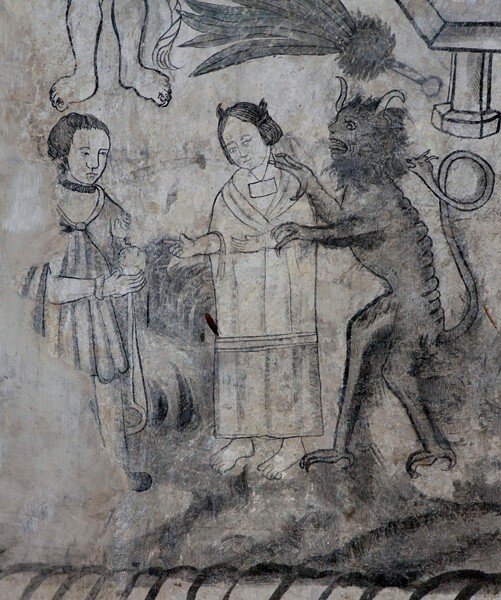 Lower scene detail: demon with native woman - San Juan Bautista, convento second story, friar's cell mural: Miracle of the Rosary mural