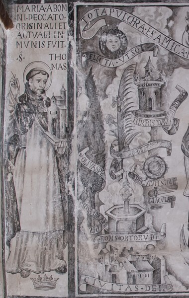 Lower cloister walk, NE testera mural, detail - San Miguel Arcángel, cloister & murals