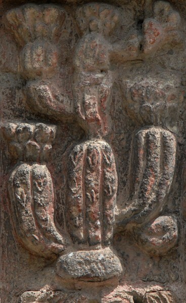 Los Reyes, façade, main portal, right pilaster relief - Los Reyes Ixtacala