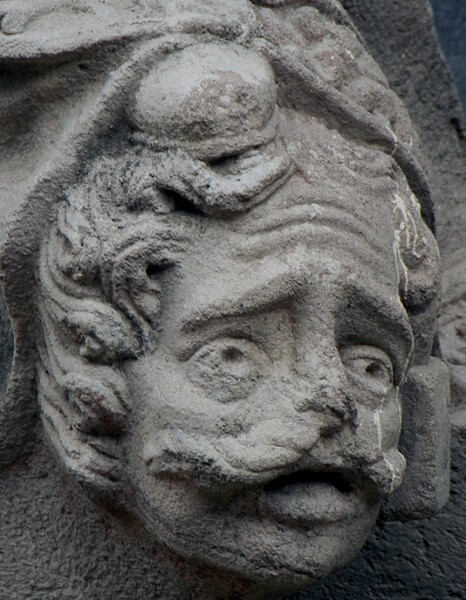 S wall sculpture, St. Augustine, detail, infidel's head - Catedral de La Asunción