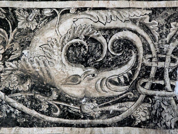 Lower cloister walk, dado mural grotesque - San Miguel Arcángel, convento & cloister & murals