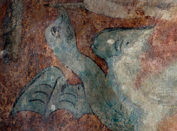 Santa María, S nave wall mural detail, winged devil - Santa María, South nave wall murals