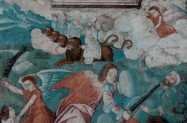 Webbing painting: Opening of the Seventh Seal (detail) - Tecamachalco, Puebla, La Asunción de Nuestra Señora, sotocoro