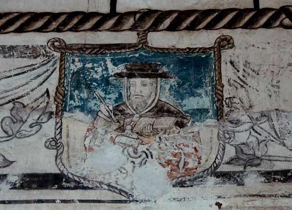 Lower cloister walk, frieze cartouche - San Martín, nave, cloister & convento