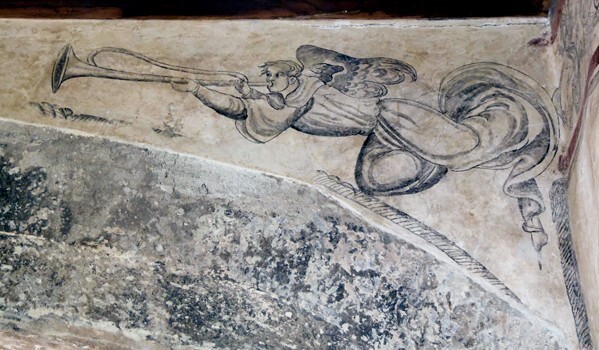 San Gabriel, lower cloister walk arch, spandrel mural - San Gabriel, cloister with murals