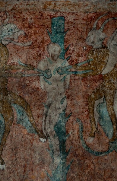 Santa María, N wall mural, Damnation, devils applying torture clamps - Santa María, North nave wall murals