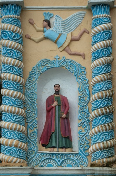 San Juan Bautista, façade, lower tier, entrecalle, St. Paul with angel - Ahuacatlán, Puebla