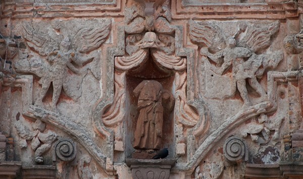 San Matías, façade, second tier sculpture niche & reliefs - Pinos, Zacatecas