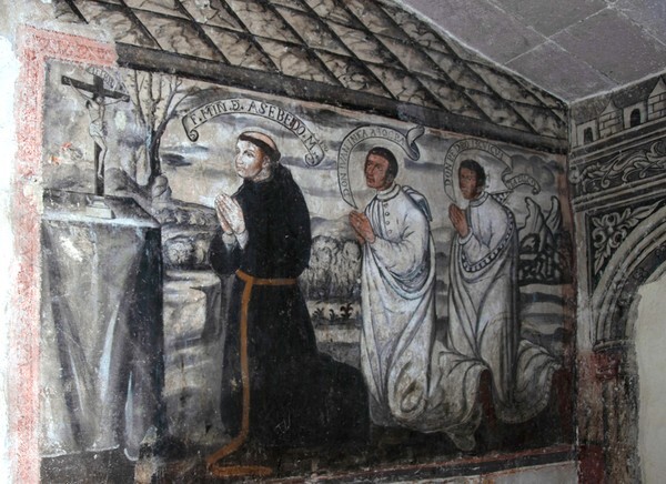 friar Martín Acevedo with two native lords of Actopan - Lower tier murals