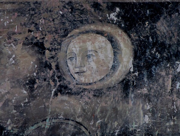 San Simón y San Judas, sacristy mural, Crucifixion, detail top right - Calpulalpan, Tlaxcala