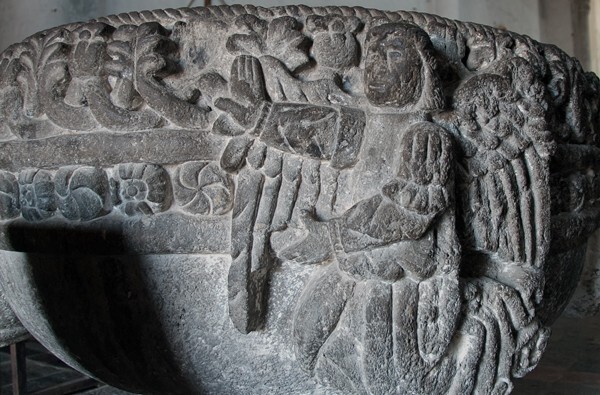 Baptismal font - La Asunción de Nuestra Señora, façade, porciúncula portal, capilla abierta, nave & cloister