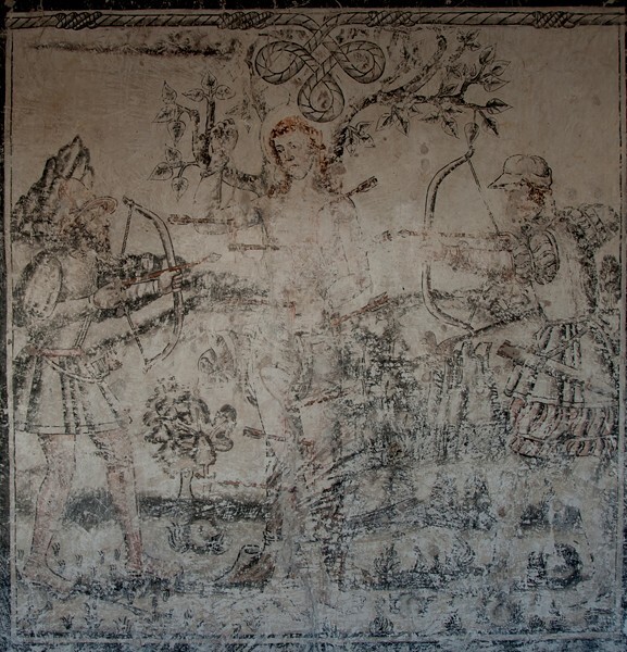 Upper cloister walk mural, St. Sebastian - San Francisco, façade, portería, cloister & murals