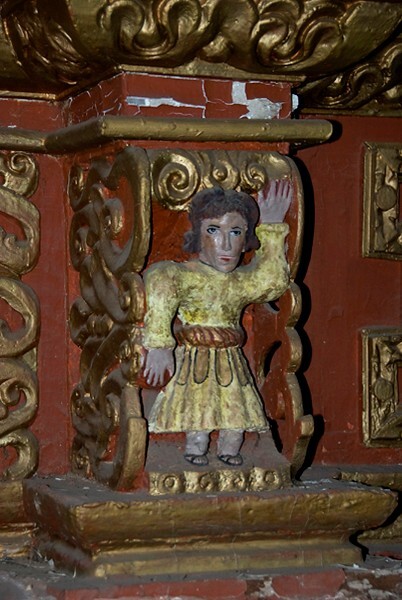 La Candelaria, high altar, pillar atlante - San Felipe de los Alzati, Michoacán