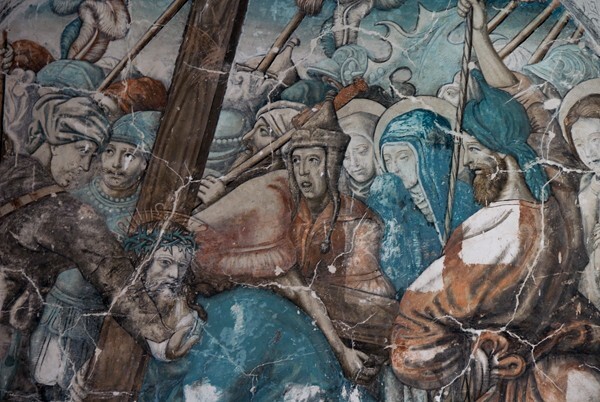 Lower cloister walk, NW testera mural, Via Crucis, detail - San Andrés, cloister with murals