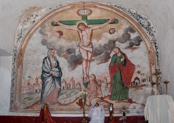 San Miguel Arcángel, sacristy mural, Crucifixion - Xometla, México