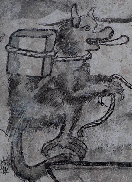 Lower scene detail: Devil Porter - San Juan Bautista, convento second story, friar's cell mural: Miracle of the Rosary mural