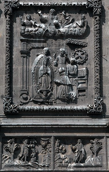 Façade, second tier, central relief, Third Visitation - Nuestra Señora de Guadalupe