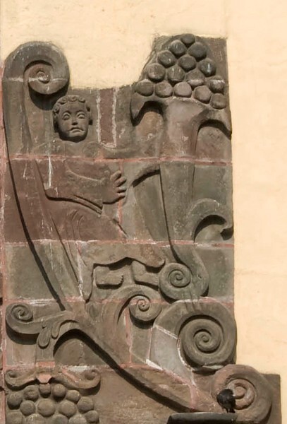 San Bernardino de Sena, façade, angel volute right - Xochimilco