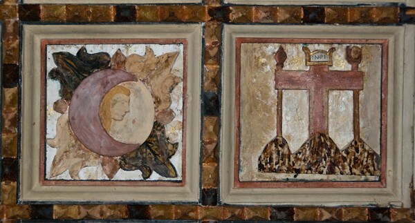 San Juan Bautista, lower cloister SW testera ceiling detail - Coyoacán