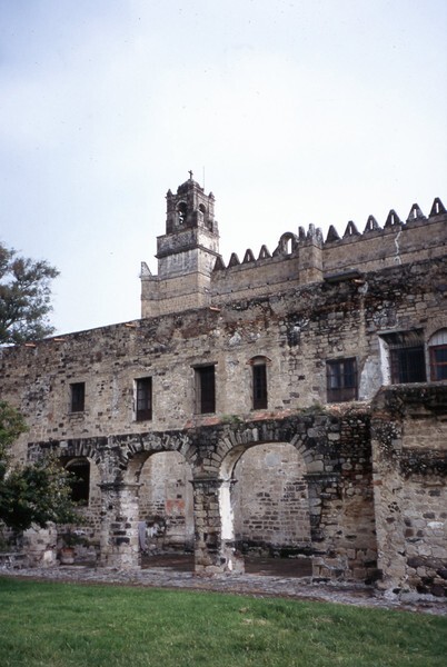 Convento, rear portería & bell-tower - San Miguel Arcángel, façade, portería, crosses & porciúncula door