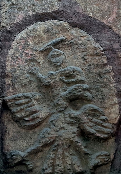 San Lucas, façade relief, winged figure - San Lucas Xochimanca