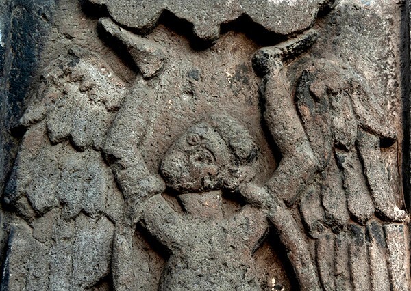 San Juan Bautista, atrial gate relief detail, angel - Coyoacán