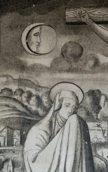 Large cloister, upper walk mural, Crucifixion detail - San Agustín, convento, large & small cloisters, apse