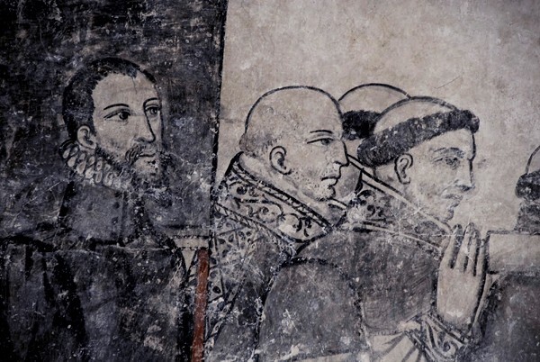 San Juan Bautista, vestibule, S wall fresco, Cortege of Christ, detail - San Juan Teitipac, Oaxaca