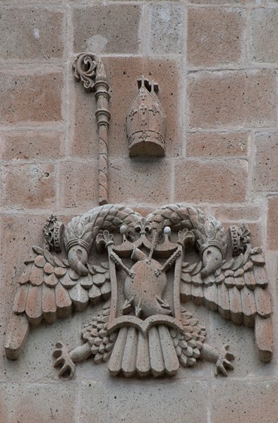 Façade, gable relief - Santa María Magdalena, church & portería