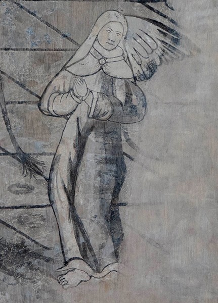 Separate mural (right), detail - San Juan Bautista, convento second story, friar's cell mural: Miracle of the Rosary mural