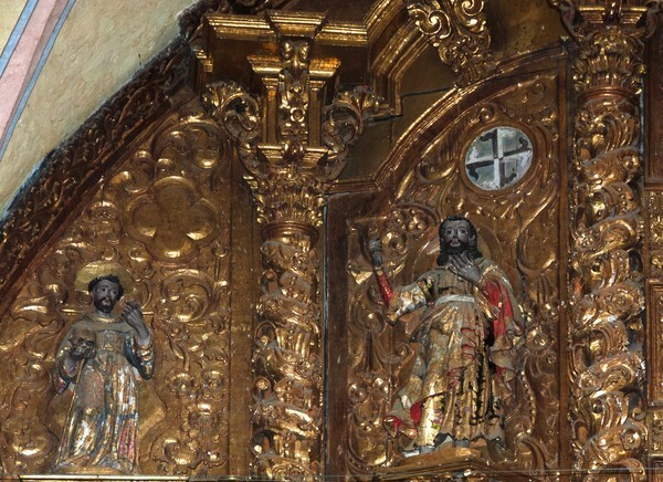 High altar, top tier, statues left - Nave, high altar & sacristy door