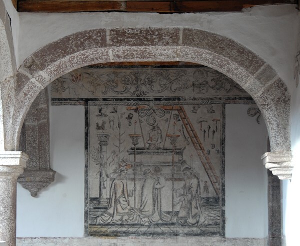 Upper cloister walk NE testera arch & Mass of St. Gregory mural - San Francisco, façade, portería, cloister & murals