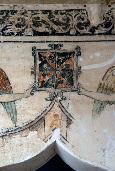 Lower cloister walk, mural detail, Dominican insignia - Santo Domingo