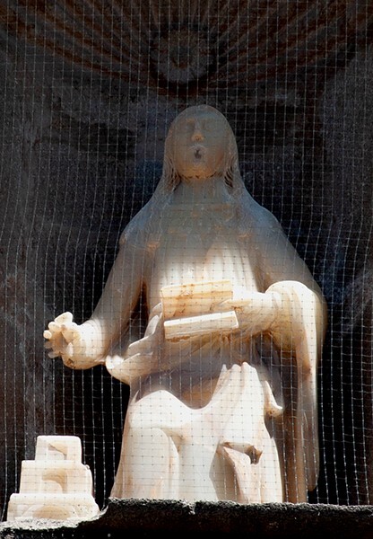 Façade, second story niche sculpture (right), St. Peter (bald) - San Luis Obispo