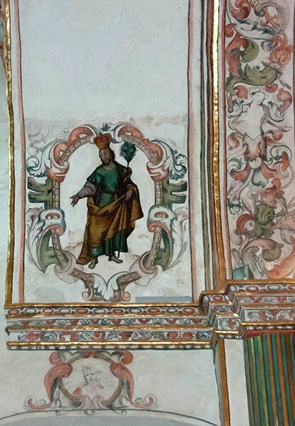 Choir loft arch mural, St. Joseph - Santa Ana, high & nave altars