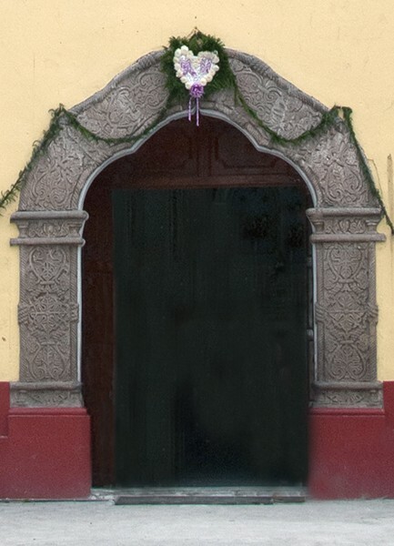 San Francisco, façade, main portal, trefoil arch - San Francisco Acuauhtla, México