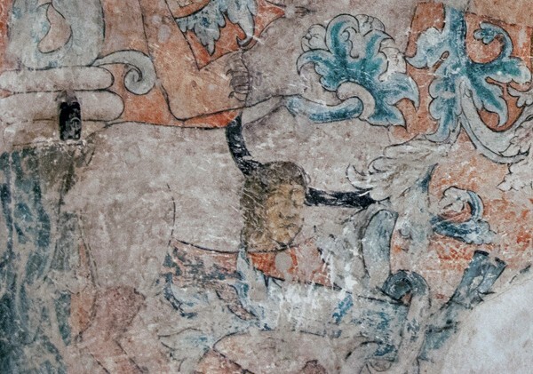 South wall mural presbytery, detail Centaur with human head, strap at  - Battle scene