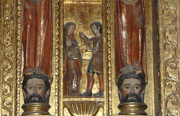 Lower right entrecalle scene & heads beneath terms - San Miguel Arcángel, nave San Antonio de Padua retablo