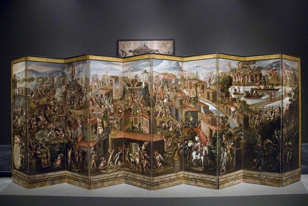 Folding screen front: Conquest of Mexico - Folding screen (biombo): The Conquest of Mexico
