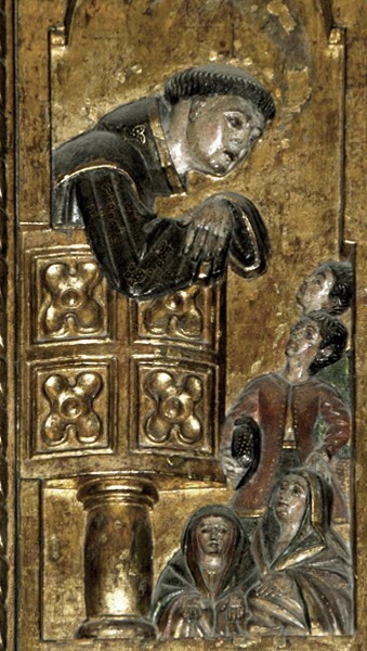 Upper left entrecalle scene: St. Anthony Preaching to the Masses - San Miguel Arcángel, nave San Antonio de Padua retablo