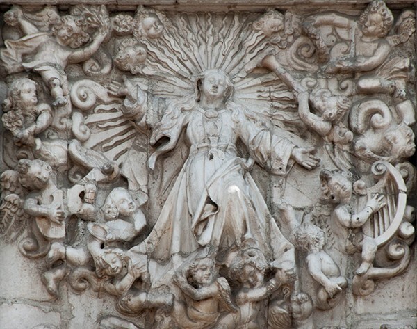 Façade, central relief, Assumption of the Virgin, detail - Catedral de La Asunción