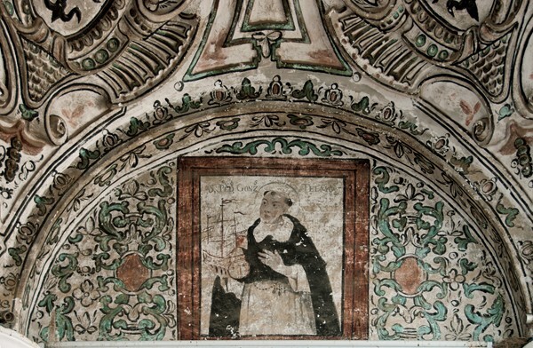 Etla, Oaxaca, San Pedro, lower cloister ambulatory, testera lunette mu - Etla, Oaxaca, San Pedro y San Pablo