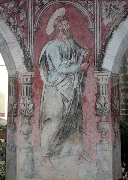 S arcade pier mural - San Juan Bautista, lower cloister walk, S & W arcades, pier murals