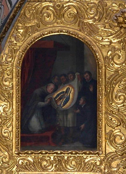 San Antonio, refectory altar painting, Guadalupe before Zumárraga - Singuilucan, Hidalgo