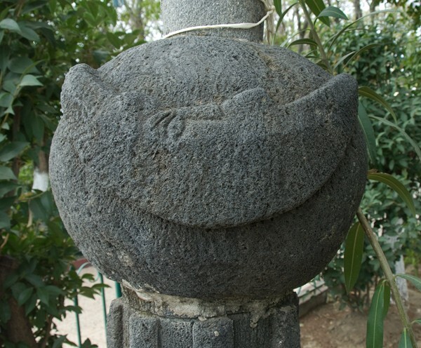 Atrial cross finial, moon - San Martín, façade, posa chapel & atrial cross