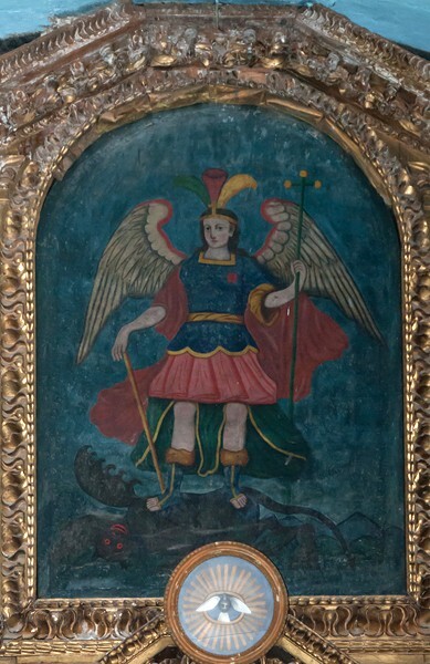 San Juan Bautista, high altar, attic painting, St. Michael Archangel - Ahuacatlán, Puebla